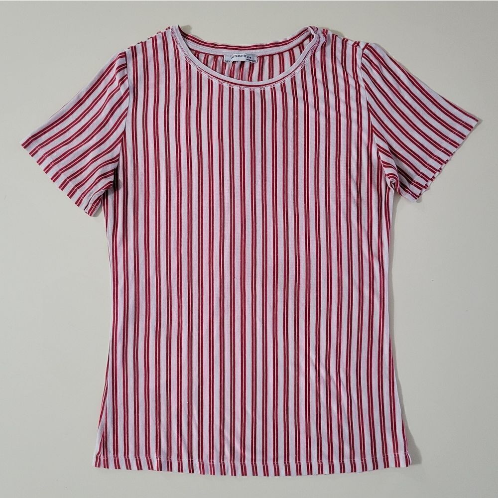 Zara Trafulac Red and White Candy Stripe Short Sleeve Crewneck Pullover Top